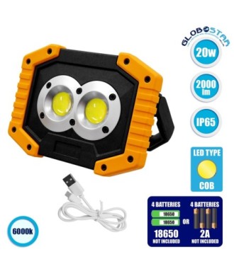 GLOBOSTAR® HELPLAMP 79037 Προβολέας Φακός Camping LED 20W 2000lm 120° DC 5V με Επαναφορτιζόμενη Μπαταρία Li-ion 3.6V 2x18650 4600mAh IP20 Ψυχρό Λευκό 6000K - Sanan COB Chip - Μαύρο & Κίτρινο - Μ11.5 x Π10 x Υ23cm - 1 Χρόνο Εγγύηση